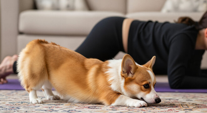 Corgi dog playfully interacting with woman doing yoga at home  