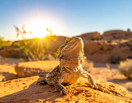 Lizard basking in desert sunrise; sharp focus, golden light, arid landscape