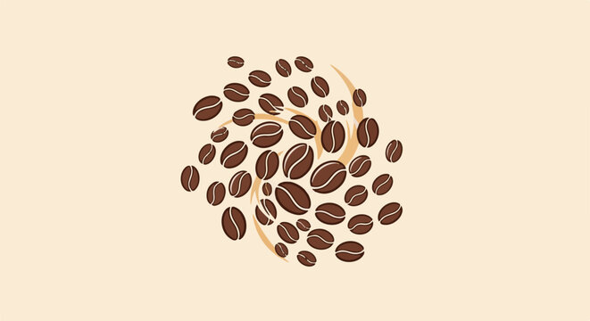 Scattered coffee beans swirl with light brown accents on a cream background
