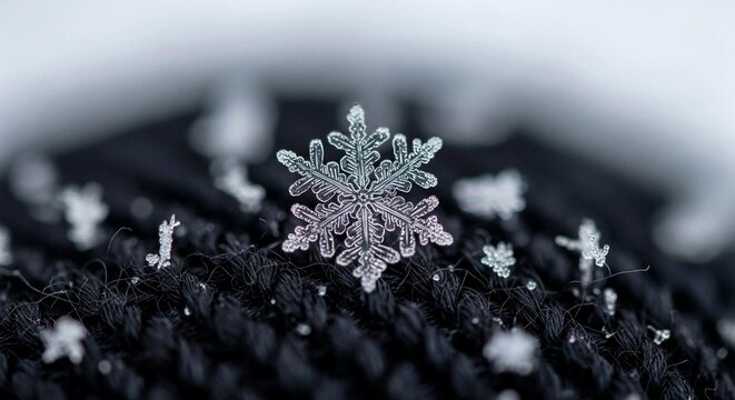 Macro Snowflake Crystal on Dark Fabric Background &ndash; Winter Cold Texture Close Up