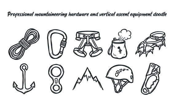 Professional mountaineering hardware and vertical ascent equipment doodle