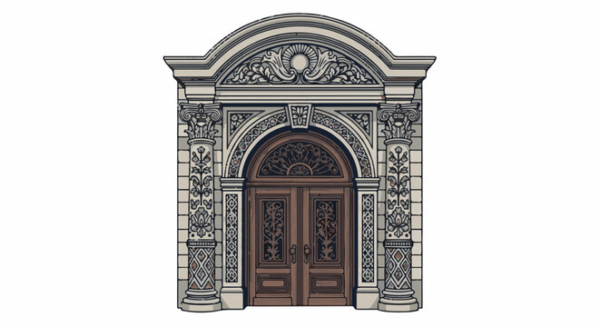 Ornate, arched, double wooden doors framed by decorative stone columns and detailed archway