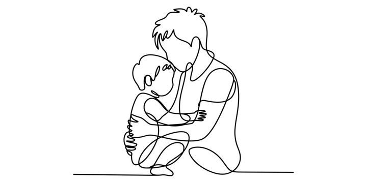 Continuous single line drawing of a loving father hugging his small child Vector, illustration