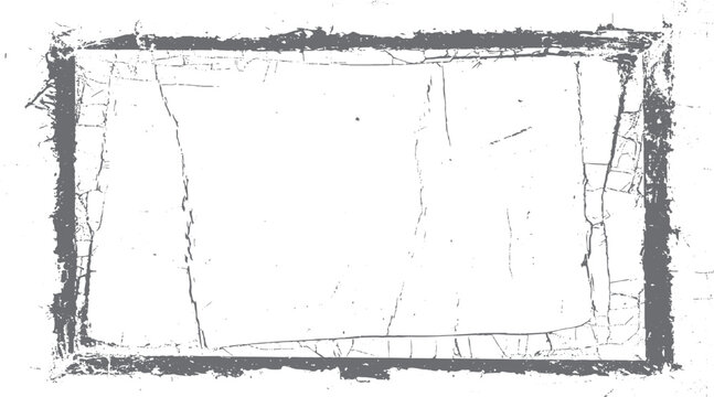 Distressed grunge rectangular frame with cracked texture and scattered dots on white background border