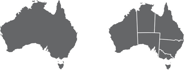 Australia Map Set with State Borders Dark Silhouette and Outline Vector Illustration © sudais