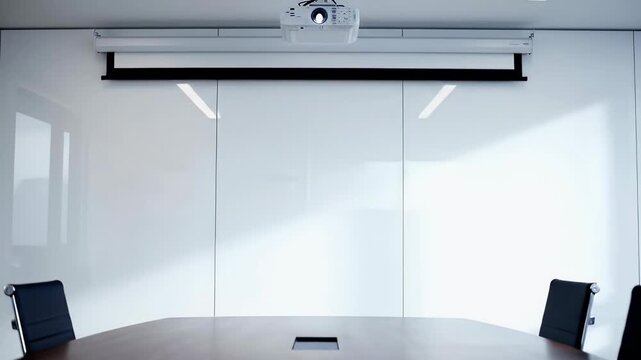 A modern conference room features a large projection screen and projector mounted on the ceiling, complemented by sleek black chairs and a polished wooden table.