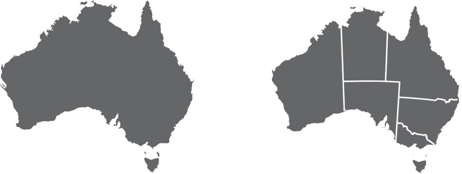 Australia Map Set with State Borders Dark Silhouette and Outline Vector Illustration