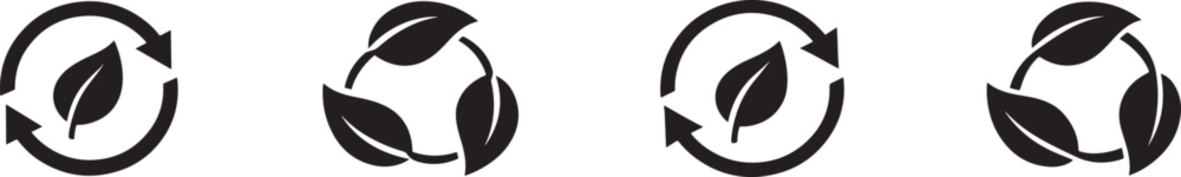 Green leaf and arrow icons for biodegradable recyclable organic bio labels and eco packaging use
