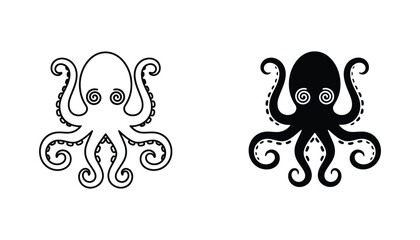 Cute octopus illustration vector graphic in outline and solid black versions on white background © Elevate