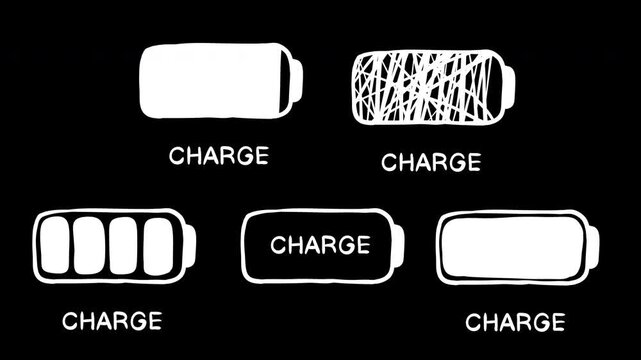 Animation hand drawn set of white battery charging icons on black background. Includes five creative styles: solid fill, scribbled texture, segmented blocks, text-only "CHARGE" and hollowed out indica