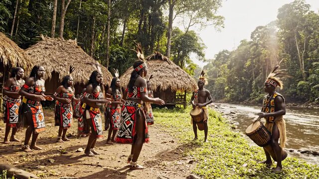 Traditional maasai warriors dancing in vibrant red shuka with spears in savanna grassland
