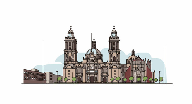 Ornate colonial cathedral with twin towers and a central dome, set against a sky