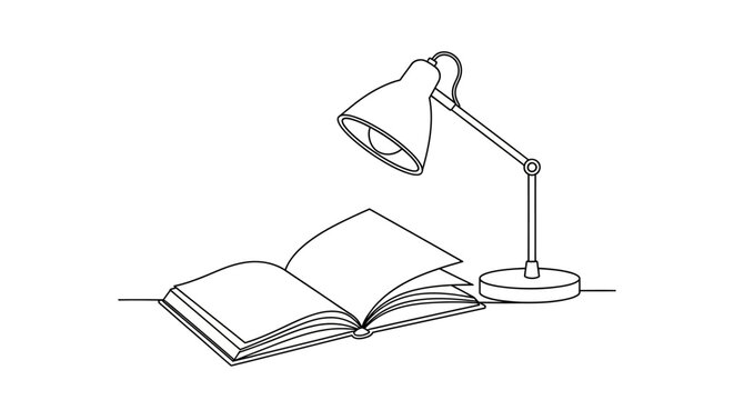 Desk lamp illuminating an open book, minimalist line drawing, study and knowledge concept