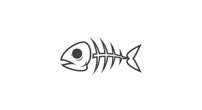 Minimalist fish skeleton illustration on white background, simple line art, seafood remains