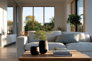 Fototapeta premium A serene and minimalist living room featuring a cozy sofa, decorative green plants, and neatly arranged books, epitomizing modern comfort and simplicity.