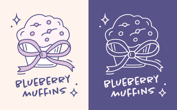 Blueberry muffins flavor label bakery style logo for homemade fluffy muffin sticker packaging design. Girly coquette blueberries aesthetic baked pastry with bow purple outline drawing poster print.