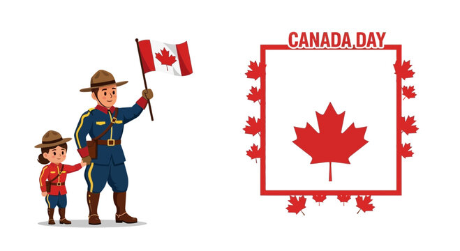 Canada Day Celebration: RCMP Officer and Child with Canadian Flag and Maple Leaf Frame