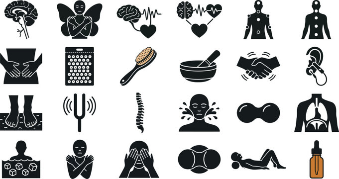 Wellness symbols illustrate human physiological care, therapeutic treatments, and sensory health practices through a collection of professional silhouette icons.