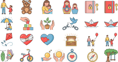 Naklejka premium Childhood development icons depict various activities and symbolic representations of growth, care, and emotional milestones.