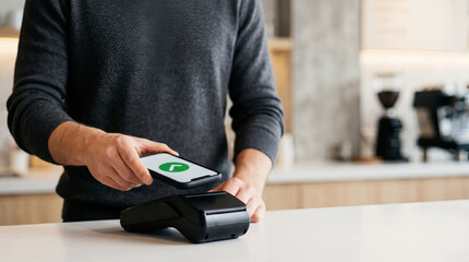 Fototapeta premium Contactless mobile payment with smartphone at cafe counter