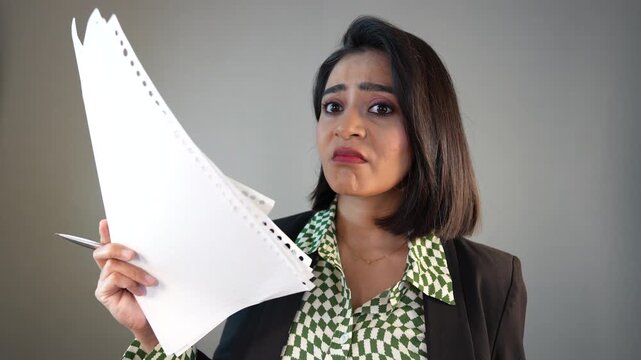 Closeup of tired frustrated young Asian business woman manager holding document papers pen look at camera with sad stressed face expression overworked burnout, isolated over grey studio background.