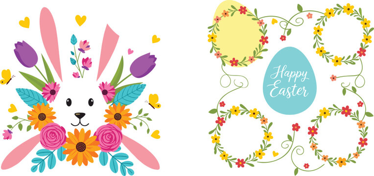 Easter vector set featuring floral bunny face and decorative egg frames with flowers in colorful spring holiday illustration style