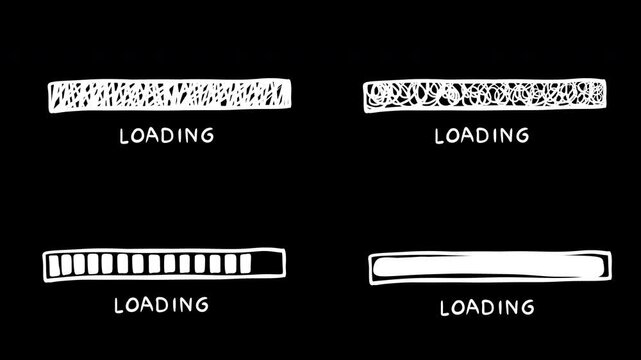 Minimalist hand drawn animation horizontal progress bar outlines on black background. Set of four simple sketched loading frames perfect for website wireframing, app placeholders or digital interface 