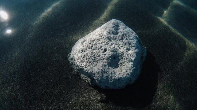 溶岩砂の海底に沈む軽石・頭上からの俯瞰タイムラプス熱帯ラグーン映像