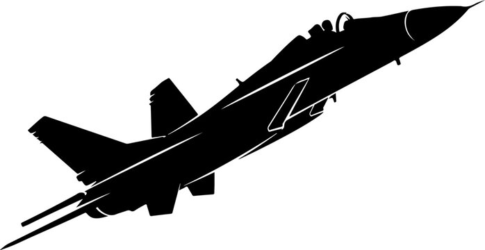 Military fighter jet, black silhouette, aircraft icon, vector fighter plane