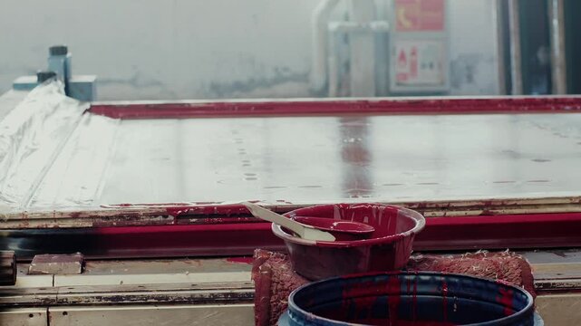Close up of red ink and equipment on a screen printing machine during the printing process