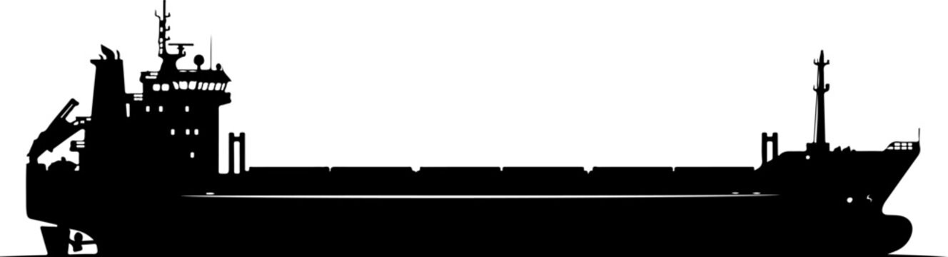 Cargo ship, tanker silhouette, black vector, transportation icon, maritime symbol