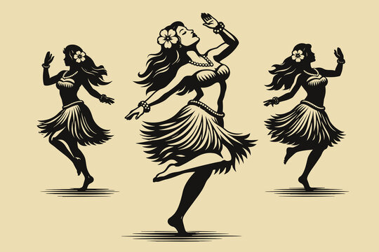 Hula dancer doodle vector illustration with Hawaiian women, grass skirts, flowers and tropical island dance