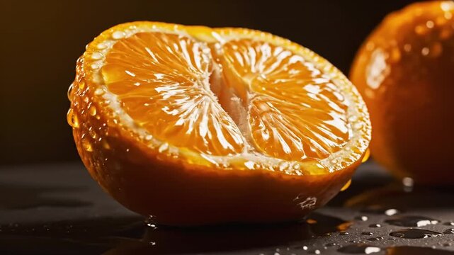 Extreme macro cinematic video of fresh mandarin oranges with water droplets on dark surface