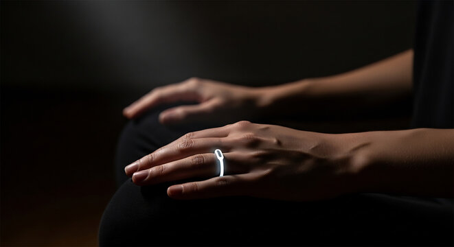 Person Using Bio-feedback Ring During Mindfulness Meditation in Atmospheric Setting