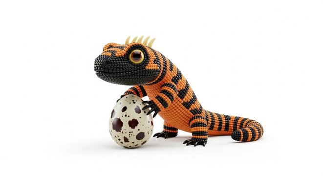 Artistic Orange and Black Striped Lizard with Egg on White Background.