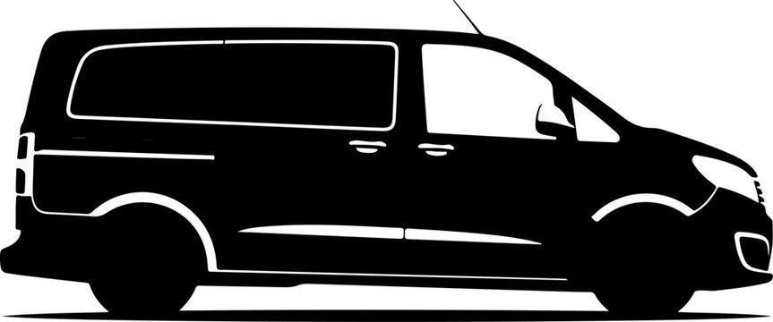 Black van silhouette, side view, vehicle icon, transportation illustration, delivery van