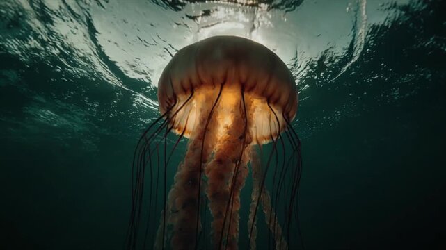 嵐の海中を漂う巨大ライオンガシラクラゲの威圧的なワイドショット