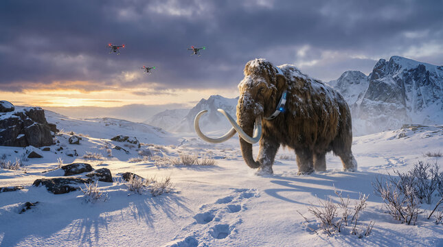 Majestic woolly mammoth with a high-tech tracking collar roaming through a snowy arctic valley under drone surveillance in a futuristic de-extinction wildlife park.
