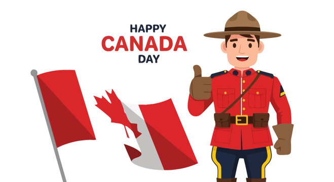Happy Canada Day Celebration with RCMP Officer and Canadian Flag Illustration