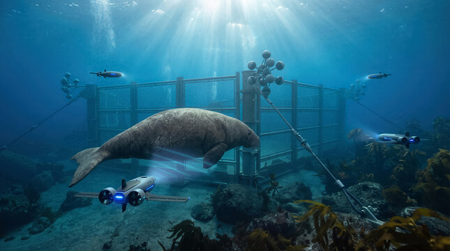 Steller's sea cow swimming in a coastal enclosure with visible underwater drone monitors and sonar arrays in clear blue water pierced by light rays.