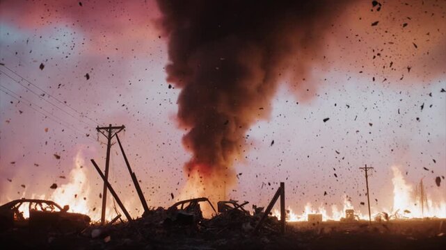 竜巻と火災の融合・炎に照らされる瓦礫の渦・黙示録的大災害の映像