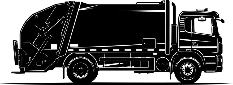 Garbage truck, waste management vehicle, sanitation truck, black illustration, vector graphic