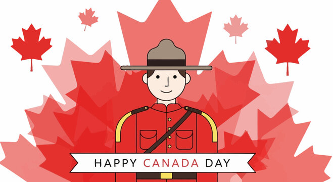 Happy Canada Day Illustration: RCMP Officer and Maple Leaves