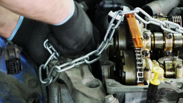 Mechanic attaches metal chains to car engine in repair shop closeup. Technician hands fasten hoist to vehicle motor for transportation at station