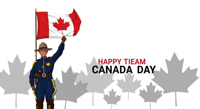 Happy Canada Day! RCMP Officer Holding Canadian Flag with Maple Leaves Background