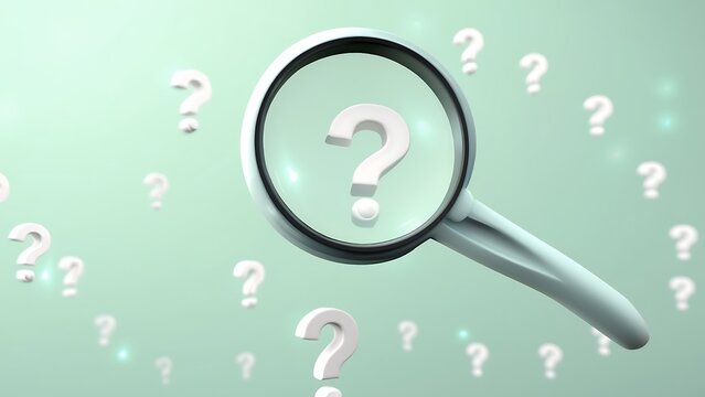Magnifying glass highlighting a single question mark among scattered pink query symbols on teal background