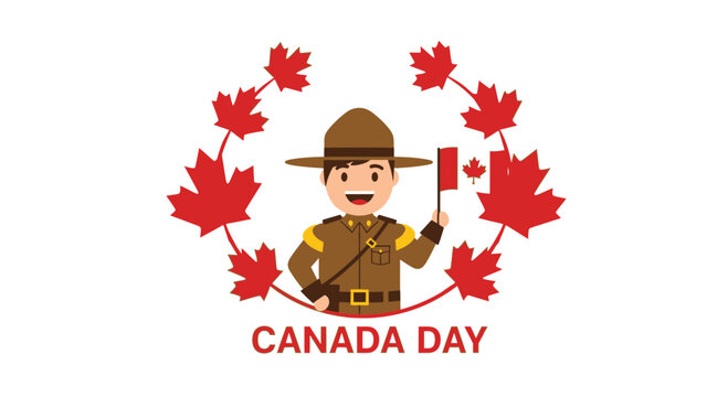 Happy Canada Day! RCMP Officer with Maple Leaves and Canadian Flag.