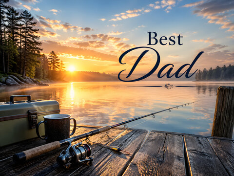 fathers day Fishing Scene With Best Dad Text, Lake Dock, Rod And Sunrise View, generated ai