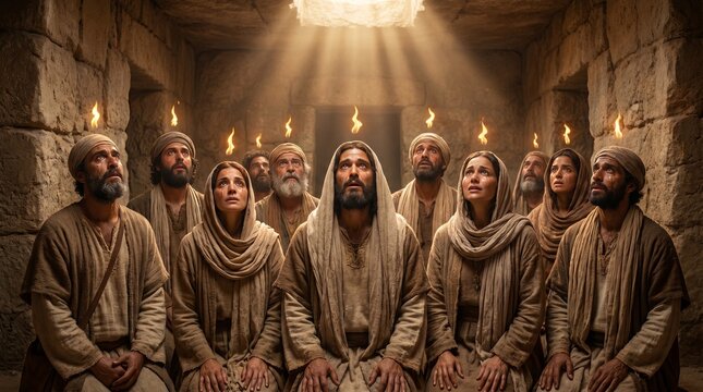 The day of Pentecost with the Holy Spirit descending as tongues of fire upon the Apostles and followers in a stone room in Jerusalem.