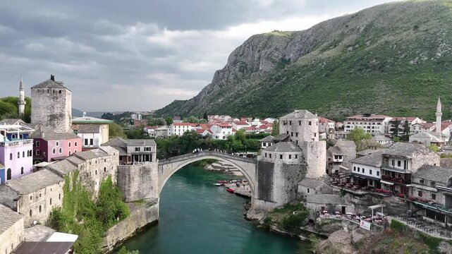 Cinematic aerial view of Stari Most (Old Bridge) in Mostar, Bosnia and Herzegovina.
